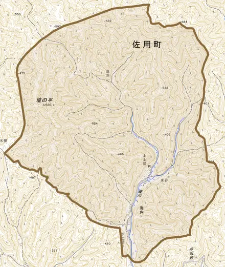 海内とその周辺の地図。町の範囲を重ねている