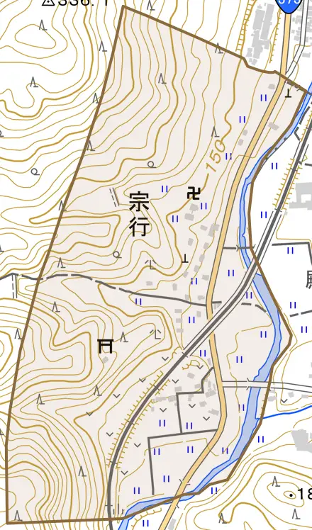 宗行とその周辺の地図。町の範囲を重ねている