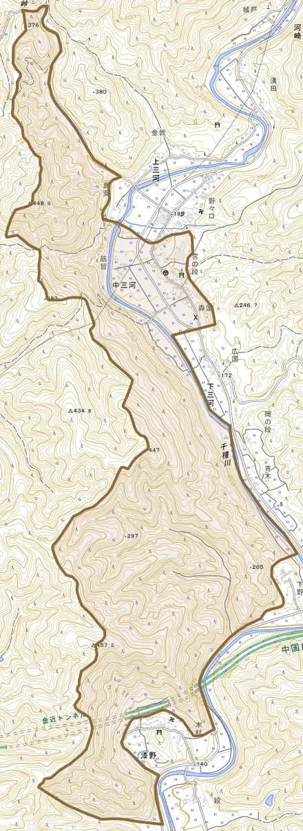 中三河とその周辺の地図。町の範囲を重ねている