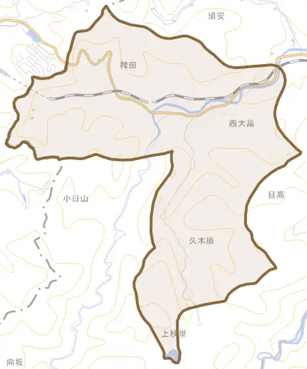 西大畠とその周辺の地図。町の範囲を重ねている