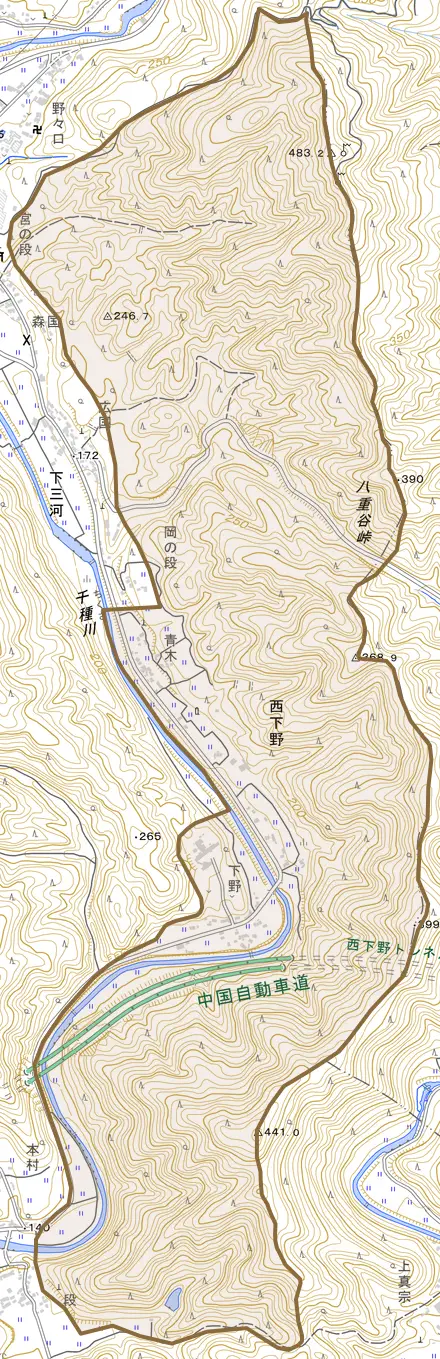 西下野とその周辺の地図。町の範囲を重ねている