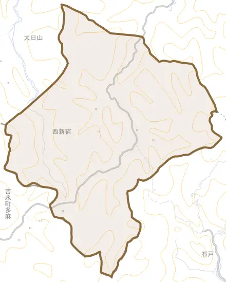 西新宿とその周辺の地図。町の範囲を重ねている