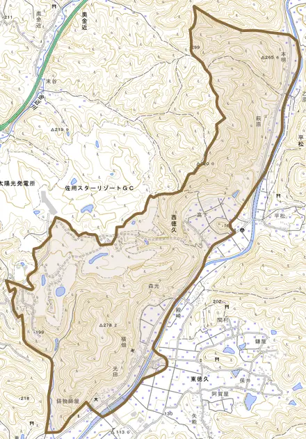 西徳久とその周辺の地図。町の範囲を重ねている