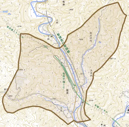 延吉とその周辺の地図。町の範囲を重ねている
