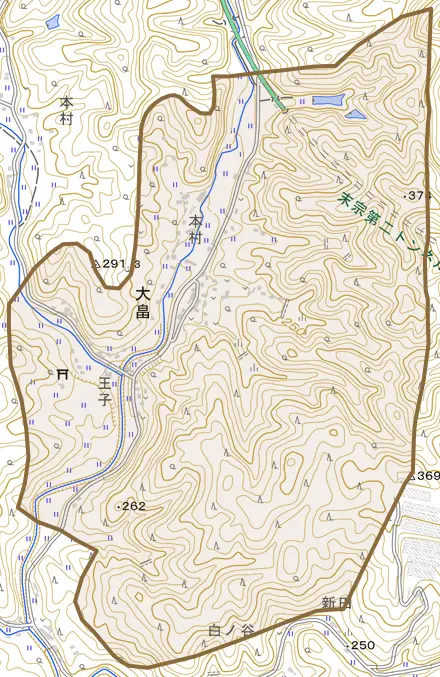 大畠とその周辺の地図。町の範囲を重ねている