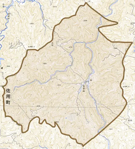 大日山とその周辺の地図。町の範囲を重ねている