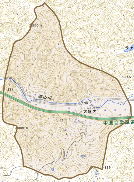 大垣内とその周辺の地図。町の範囲を重ねている