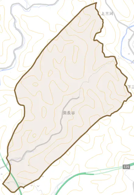 奥長谷とその周辺の地図。町の範囲を重ねている