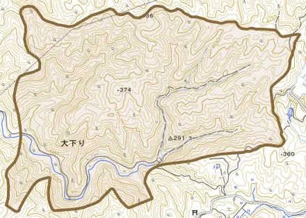 大下りとその周辺の地図。町の範囲を重ねている