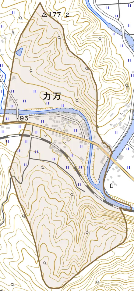 力万とその周辺の地図。町の範囲を重ねている