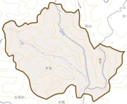才金とその周辺の地図。町の範囲を重ねている