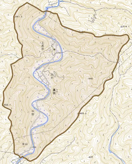 真宗とその周辺の地図。町の範囲を重ねている