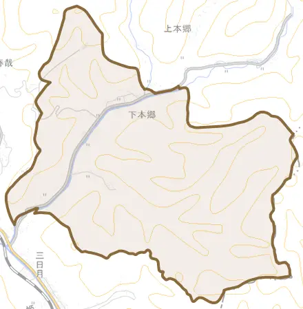 下本郷とその周辺の地図。町の範囲を重ねている