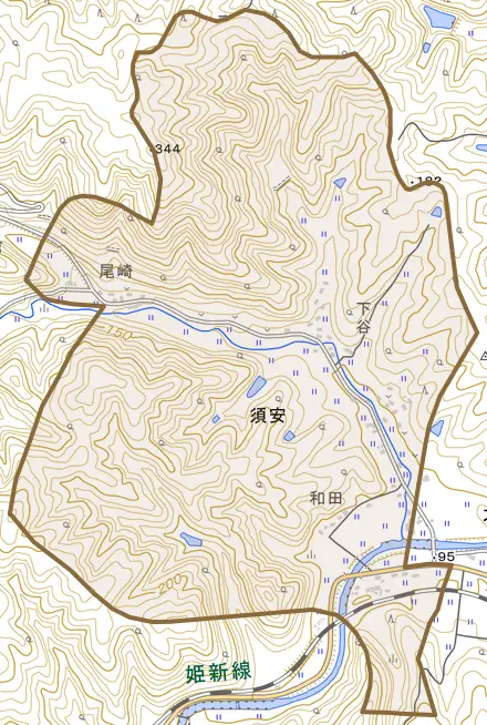 須安とその周辺の地図。町の範囲を重ねている
