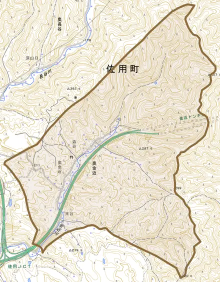 奥金近とその周辺の地図。町の範囲を重ねている