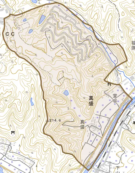 真盛とその周辺の地図。町の範囲を重ねている