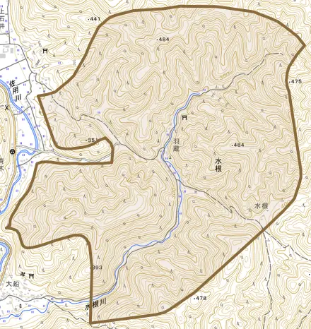 水根とその周辺の地図。町の範囲を重ねている