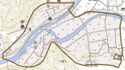 中島とその周辺の地図。町の範囲を重ねている