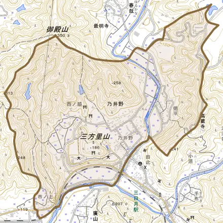 乃井野とその周辺の地図。町の範囲を重ねている