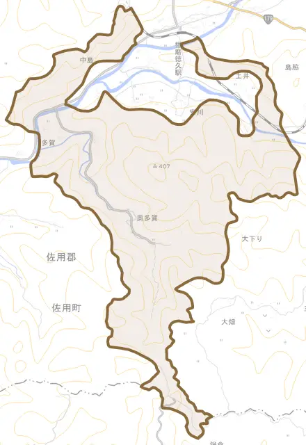 多賀とその周辺の地図。町の範囲を重ねている