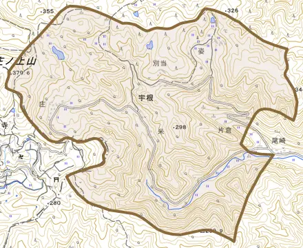 宇根とその周辺の地図。町の範囲を重ねている