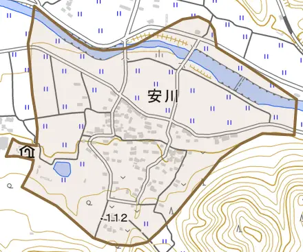 安川とその周辺の地図。町の範囲を重ねている