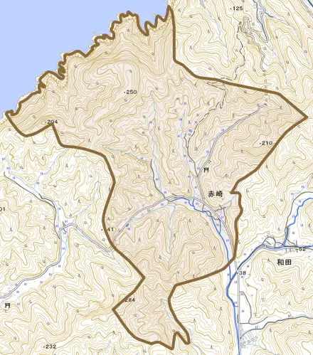 赤崎とその周辺の地図。町の範囲を重ねている