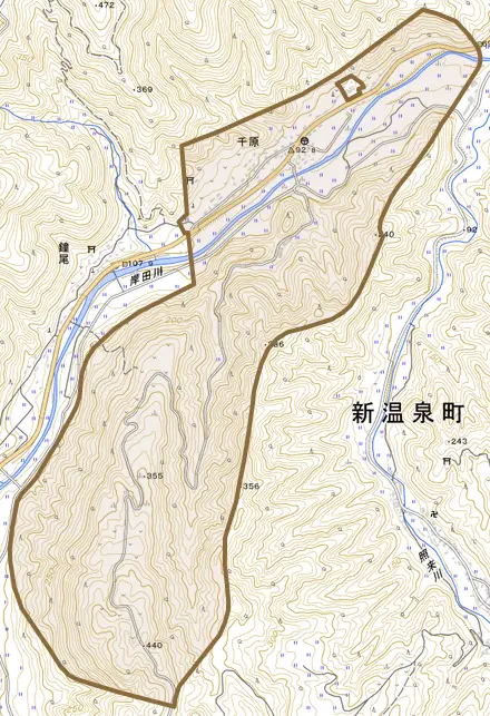 千原とその周辺の地図。町の範囲を重ねている