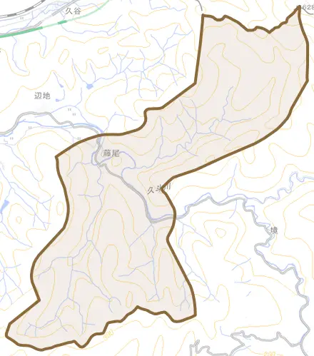藤尾とその周辺の地図。町の範囲を重ねている