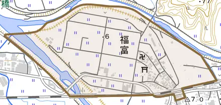 福富とその周辺の地図。町の範囲を重ねている