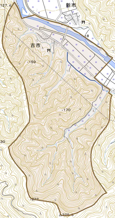 古市とその周辺の地図。町の範囲を重ねている