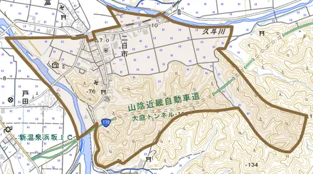 二日市とその周辺の地図。町の範囲を重ねている