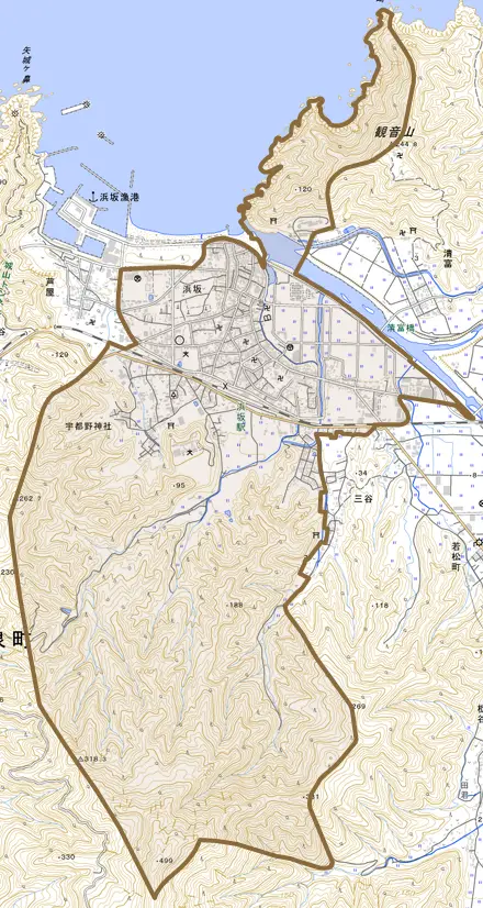 浜坂とその周辺の地図。町の範囲を重ねている
