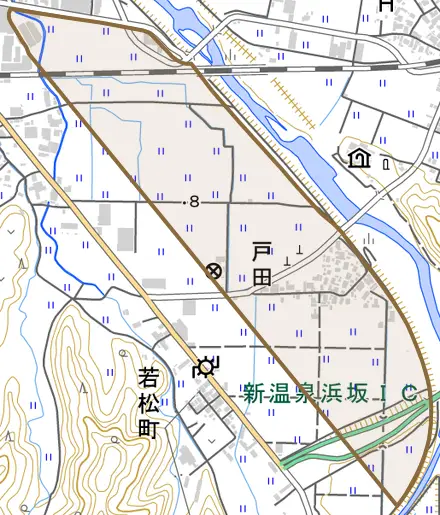 戸田とその周辺の地図。町の範囲を重ねている