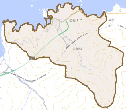 居組とその周辺の地図。町の範囲を重ねている