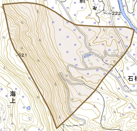 石橋とその周辺の地図。町の範囲を重ねている