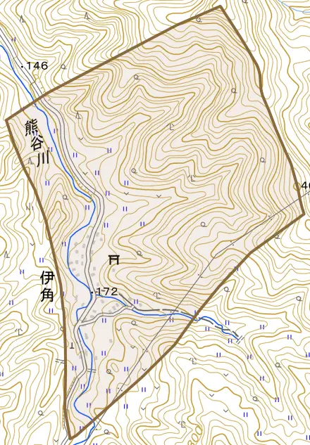 伊角とその周辺の地図。町の範囲を重ねている