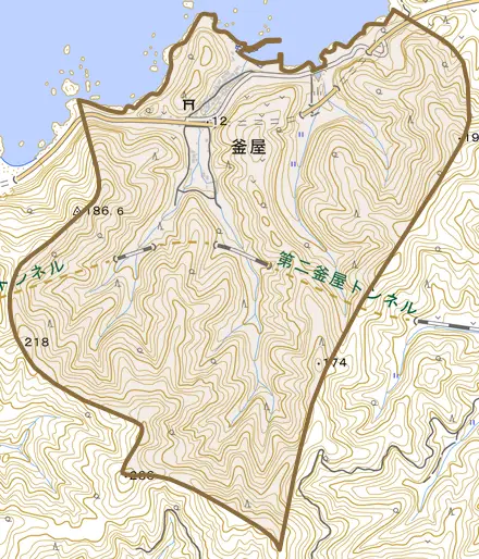 釜屋とその周辺の地図。町の範囲を重ねている