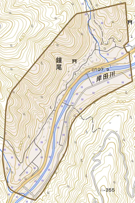 鐘尾とその周辺の地図。町の範囲を重ねている