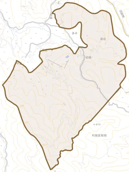 切畑とその周辺の地図。町の範囲を重ねている