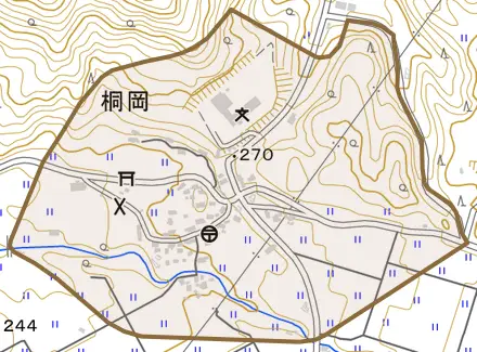 桐岡とその周辺の地図。町の範囲を重ねている