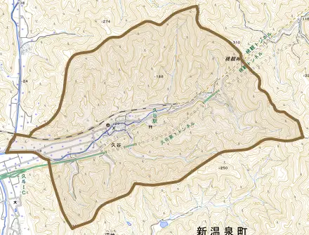 久谷とその周辺の地図。町の範囲を重ねている