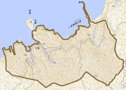 三尾とその周辺の地図。町の範囲を重ねている
