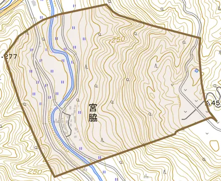 宮脇とその周辺の地図。町の範囲を重ねている