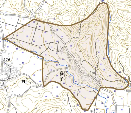 多子とその周辺の地図。町の範囲を重ねている