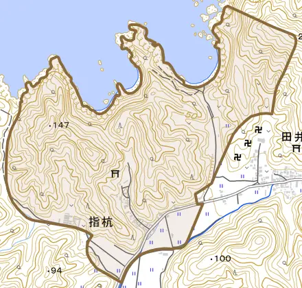 指杭とその周辺の地図。町の範囲を重ねている
