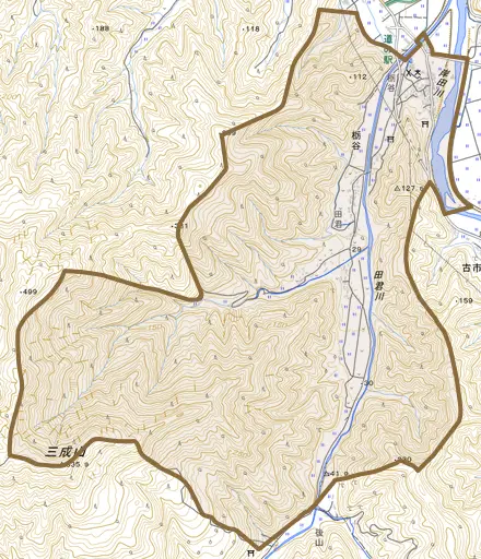 栃谷とその周辺の地図。町の範囲を重ねている