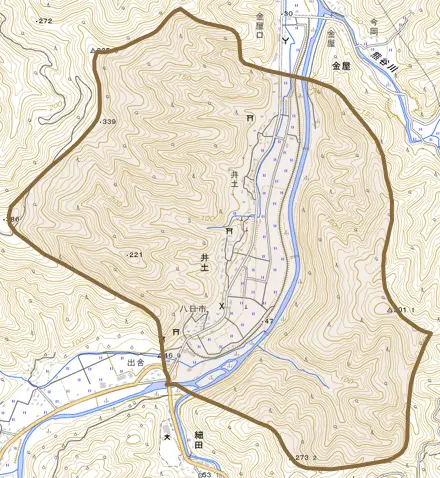 井土とその周辺の地図。町の範囲を重ねている