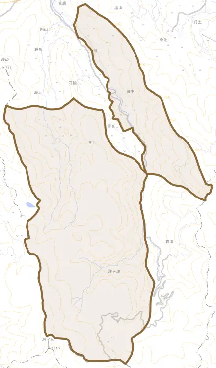 岸田とその周辺の地図。町の範囲を重ねている