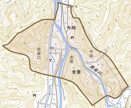 今岡とその周辺の地図。町の範囲を重ねている